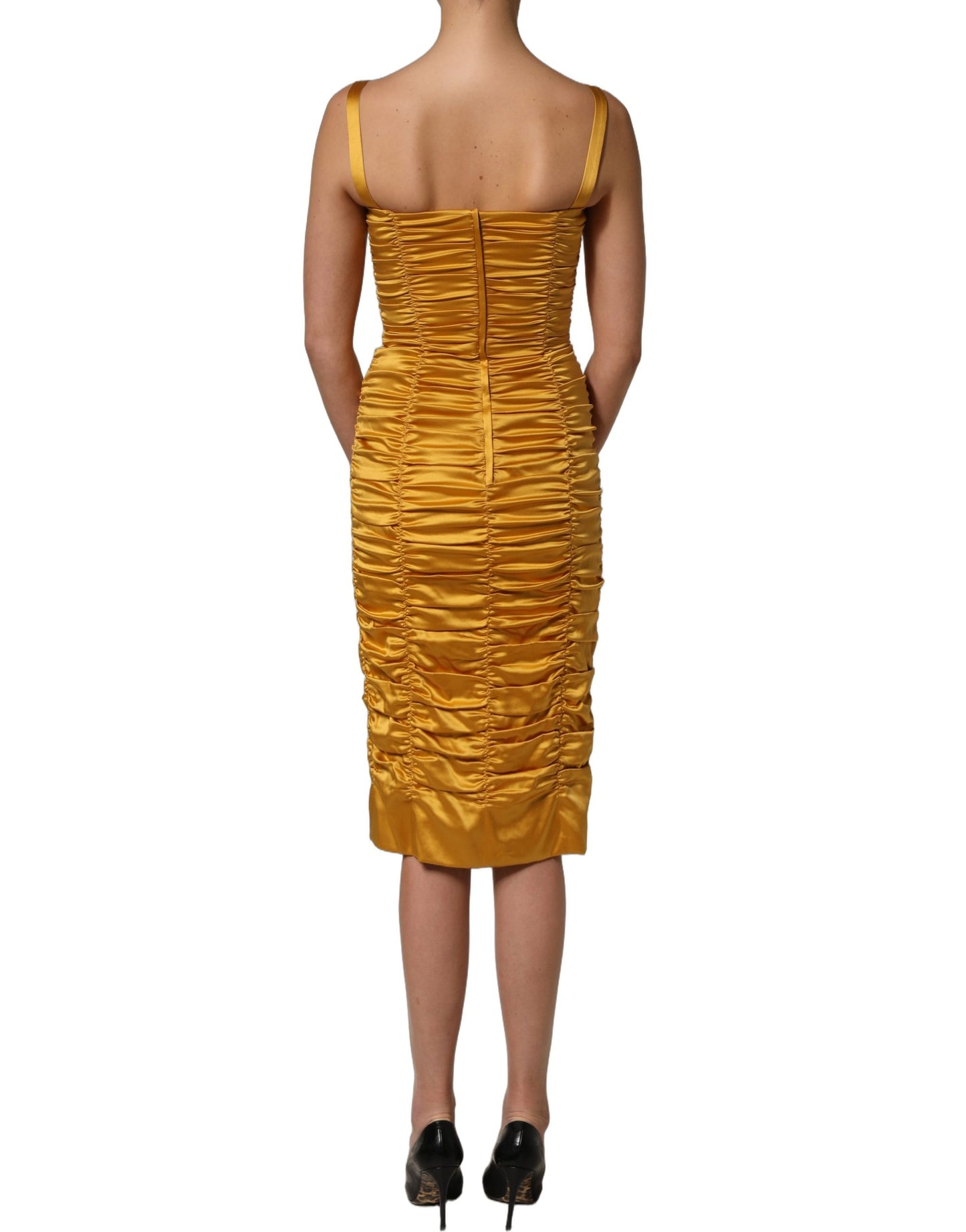 Gold Silk Ruched Bodycon Sheath Midi Dress