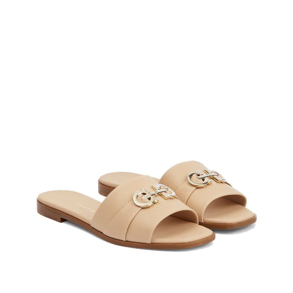 Beige Calfskin Flat Sandals