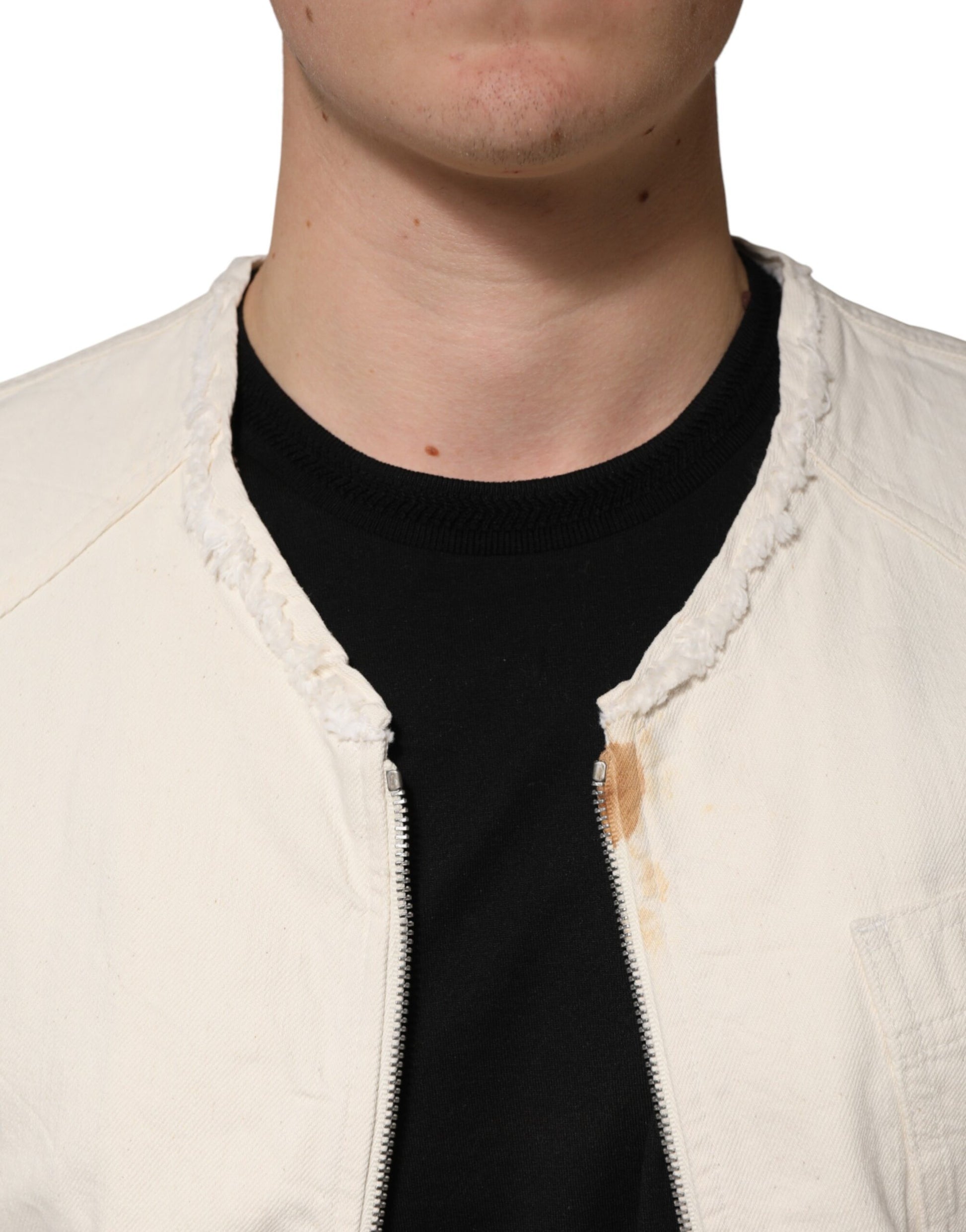 Off White Cotton Full Zip Denim Men Blouson Jacket