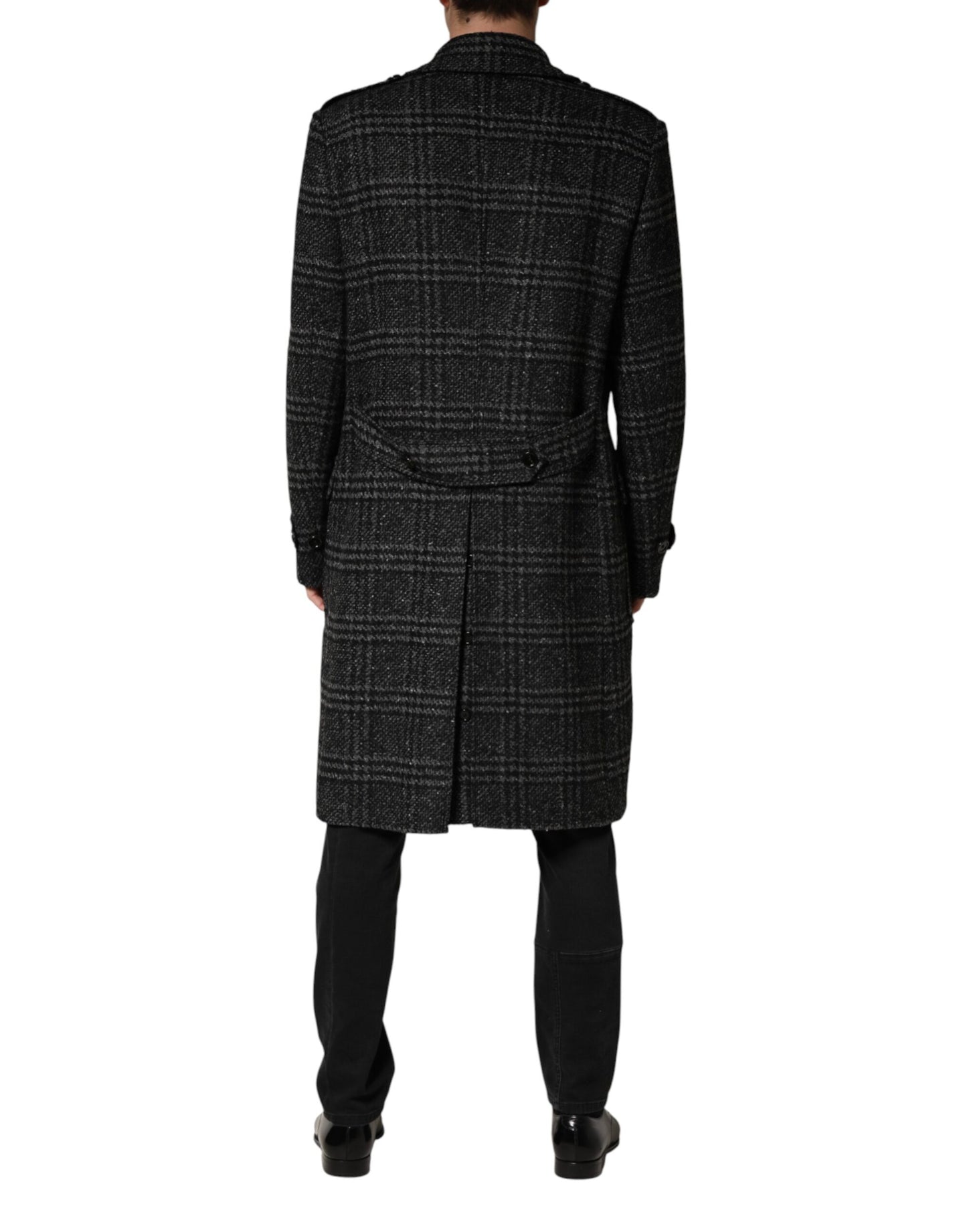 Grey Double Breasted Plaid Wool Coat Jacket