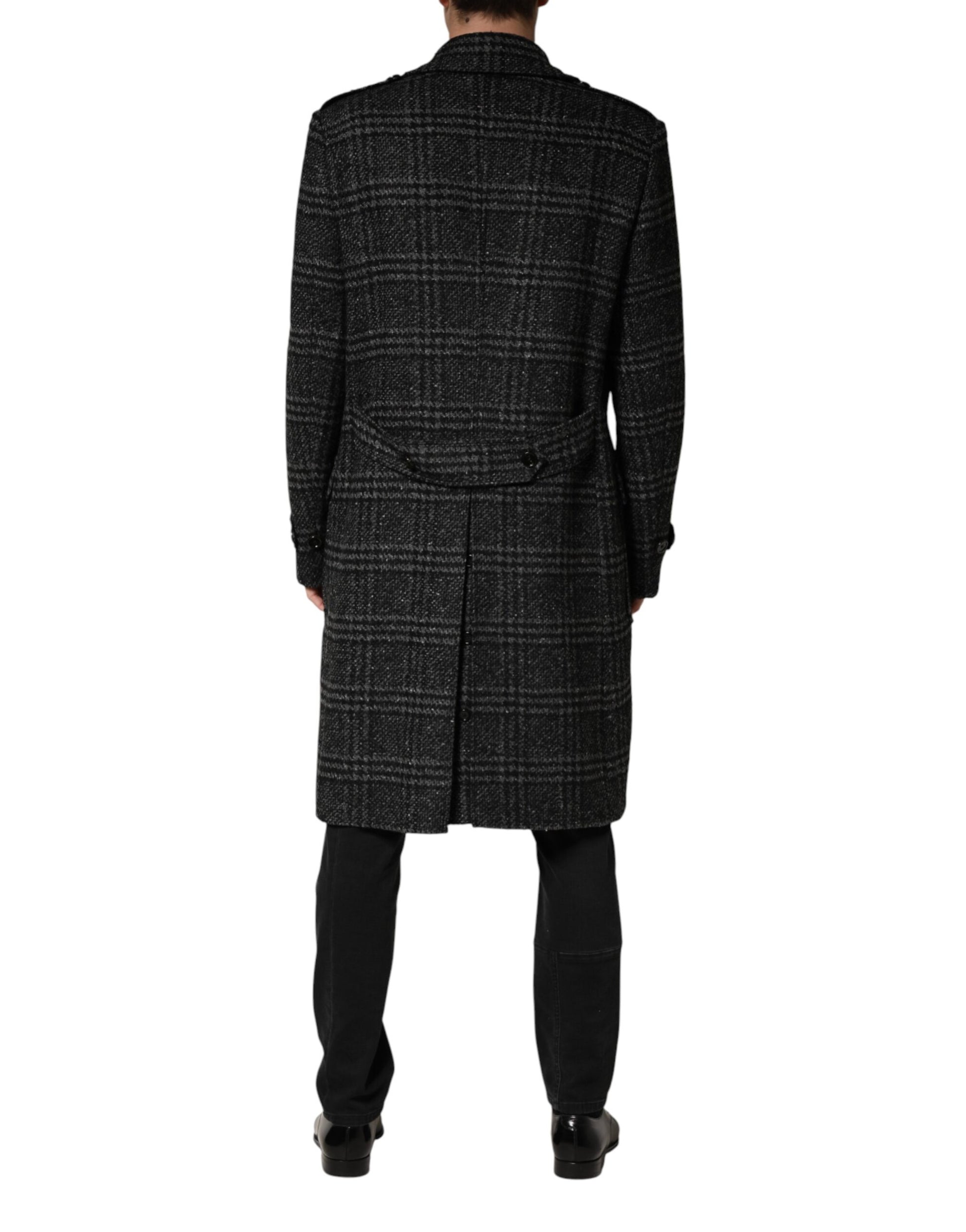 Grey Double Breasted Plaid Wool Coat Jacket