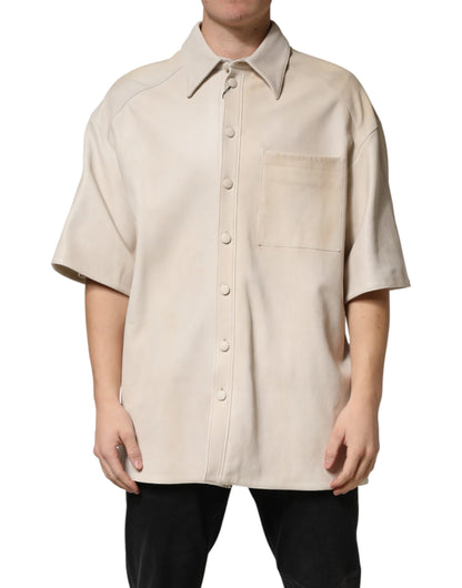 Beige Leather Button Down Men Casual Shirt