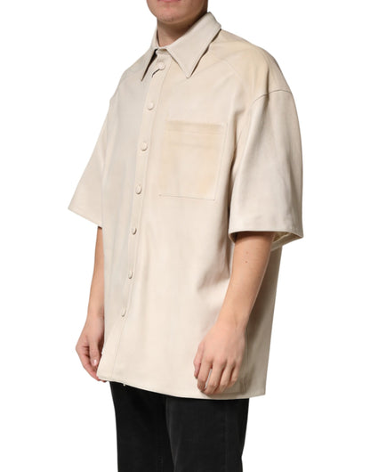 Beige Leather Button Down Men Casual Shirt