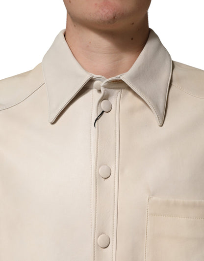 Beige Leather Button Down Men Casual Shirt
