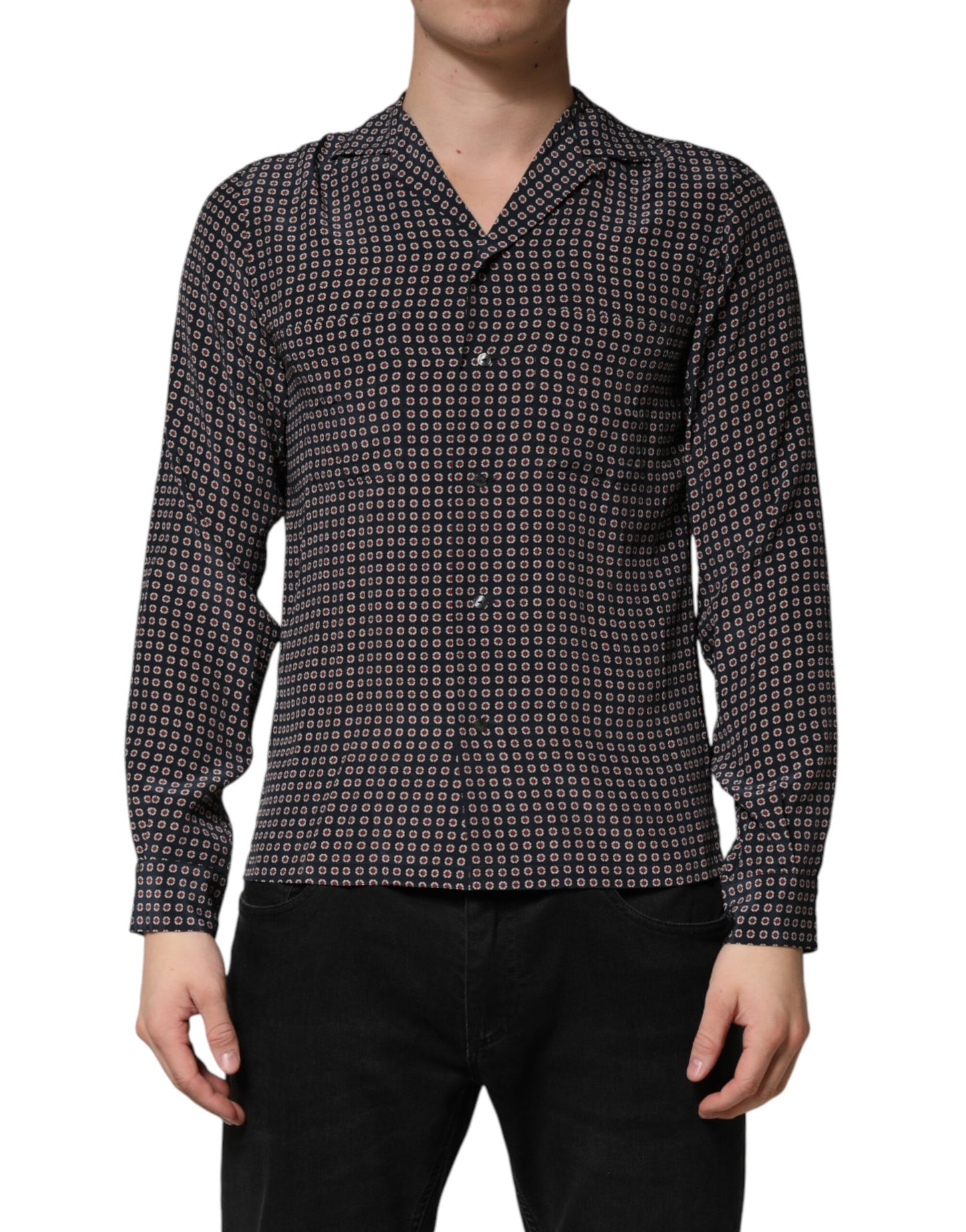 Black Patterned Silk Men Button Down Shirt