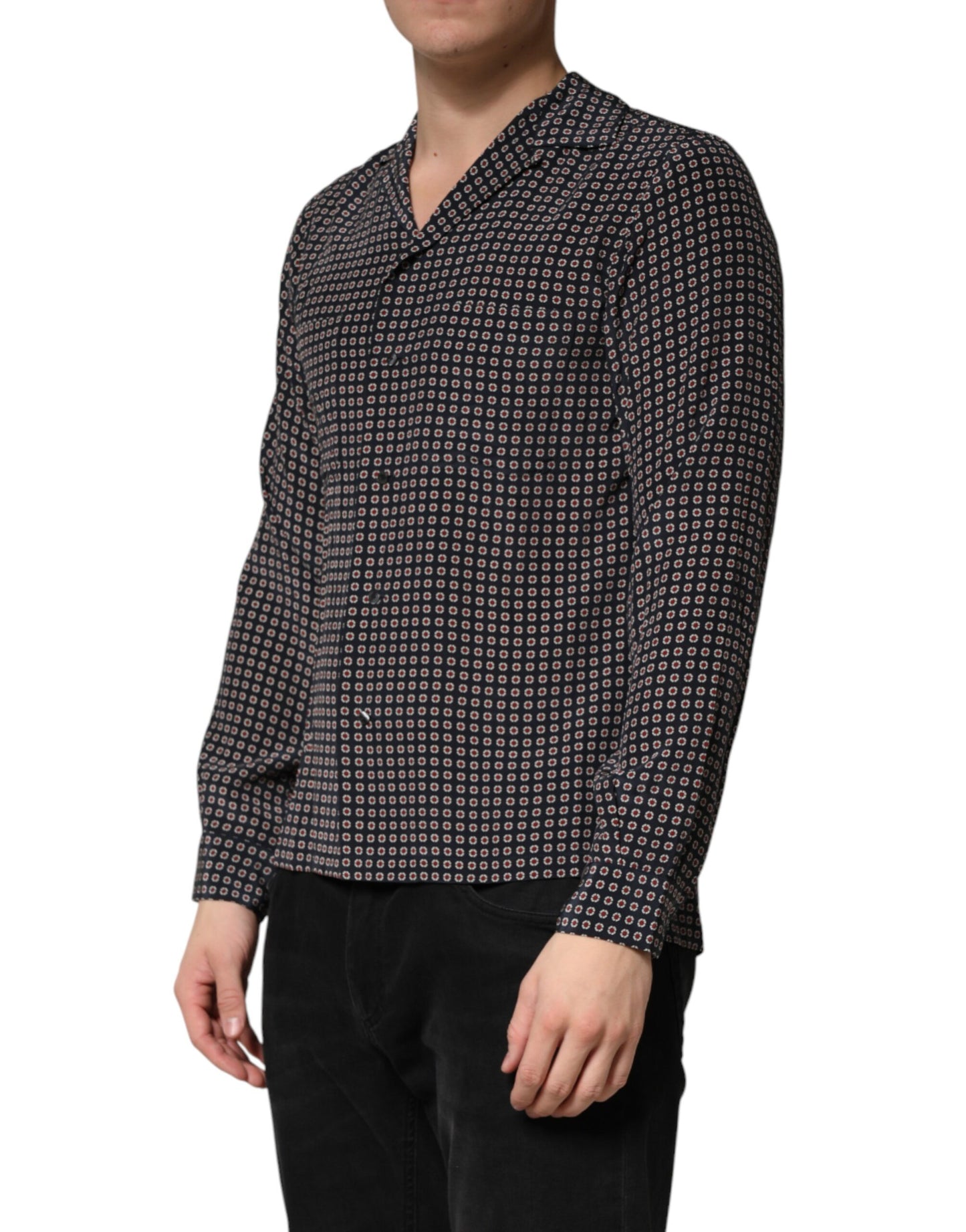 Black Patterned Silk Men Button Down Shirt