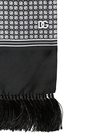 Black Silk Geometric Fringed Foulard 140cm x 15cm Scarf