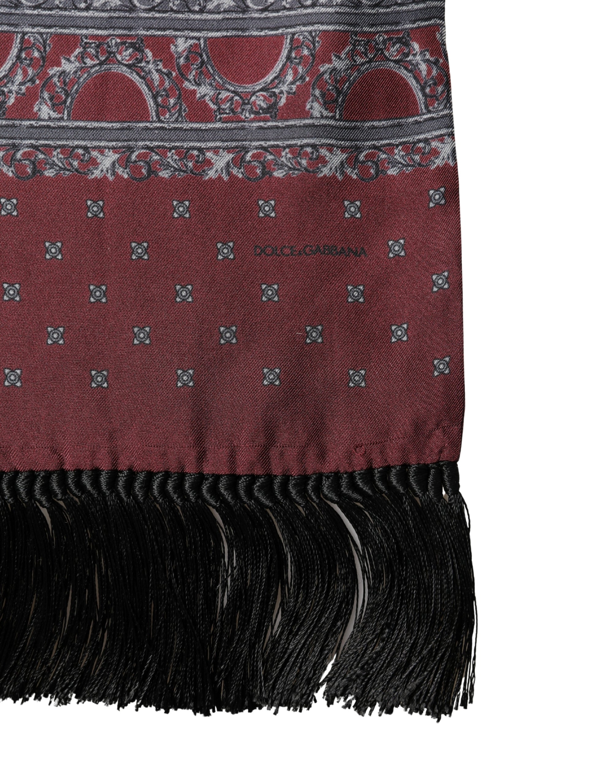 Burgundy Gray Patterned Fringe Foulard 141cm X 15.5cm  Scarf