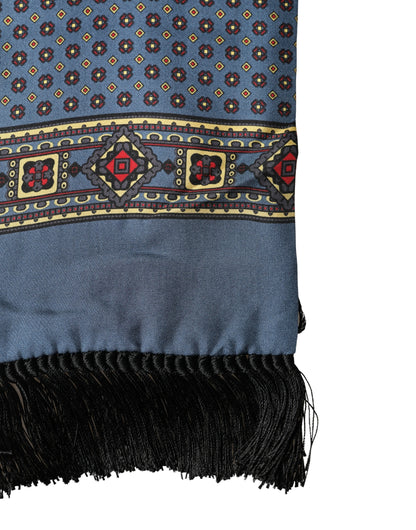 Blue Silk Geometric Fringe Foulard 134cm x 15.5cm Scarf