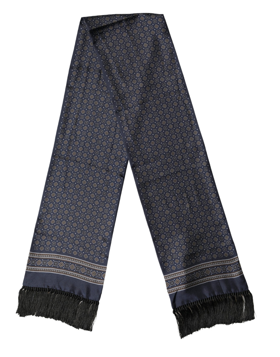 Navy Silk Geometric Fringe Foulard 137cm x 18cm Scarf