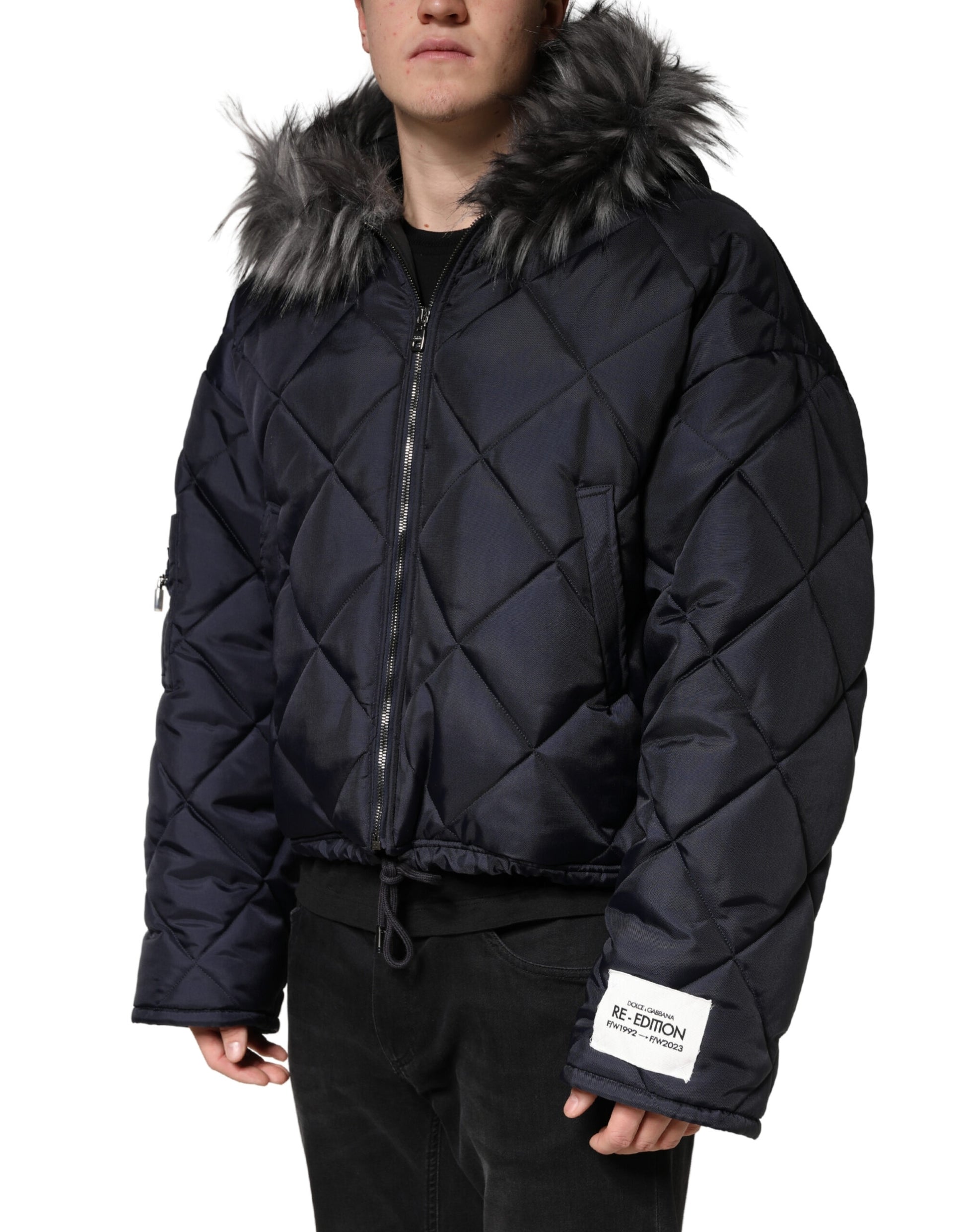 Black Quilted Fur Shearling Hooded  Jacket