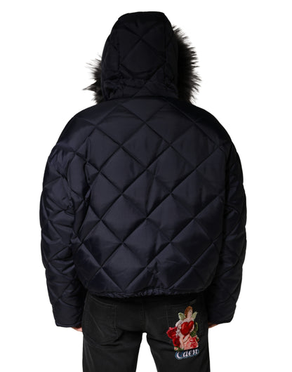 Black Quilted Fur Shearling Hooded  Jacket