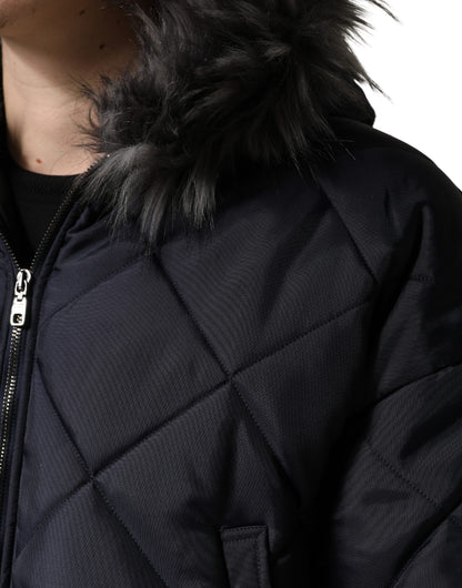 Black Quilted Fur Shearling Hooded  Jacket