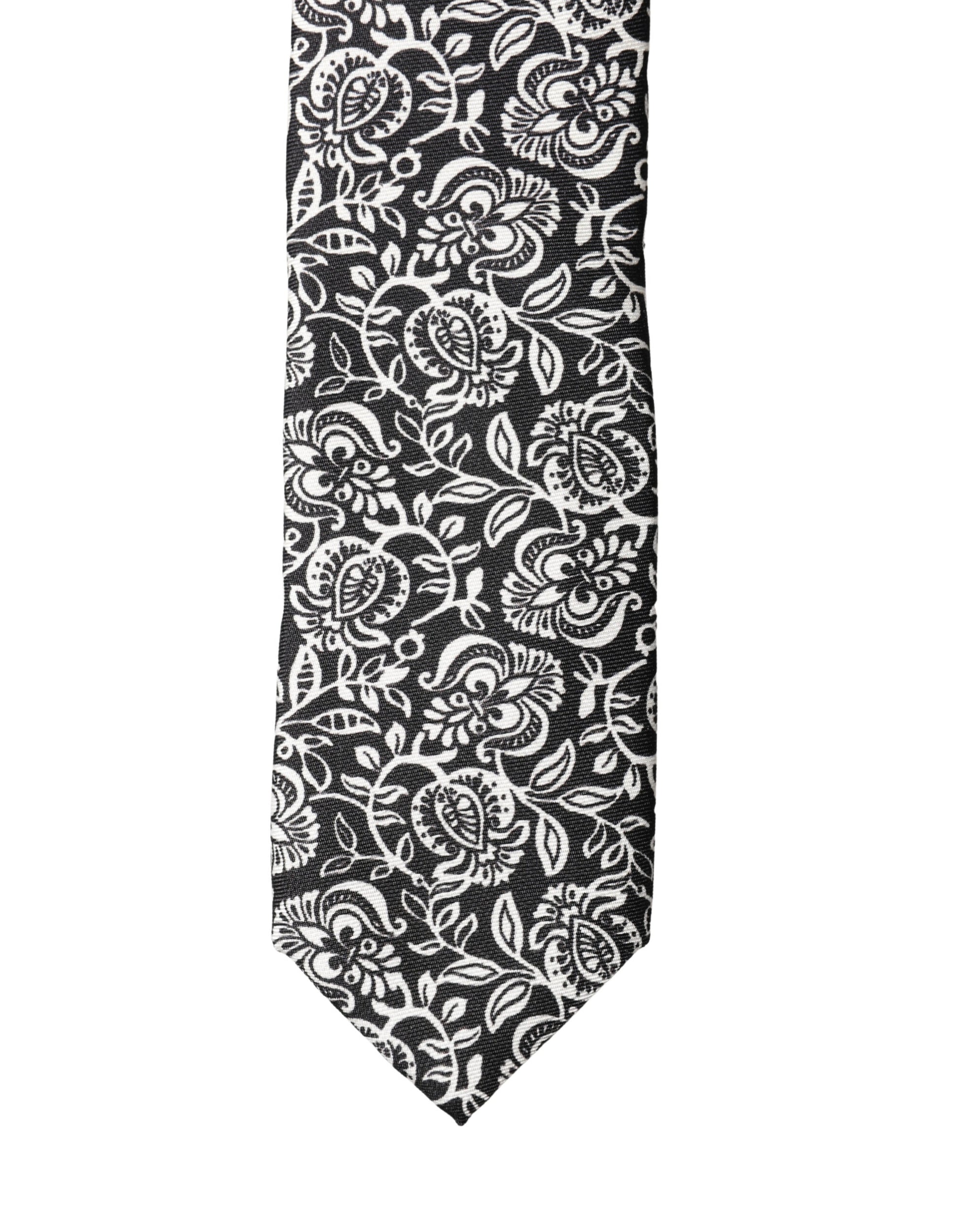 Black White Floral Fantasy Silk Adjustable Necktie Tie
