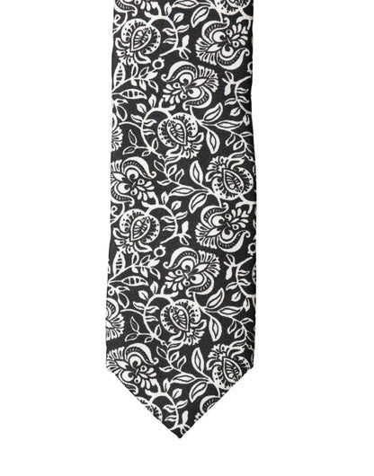 Black White Floral Fantasy Silk Adjustable Necktie Tie