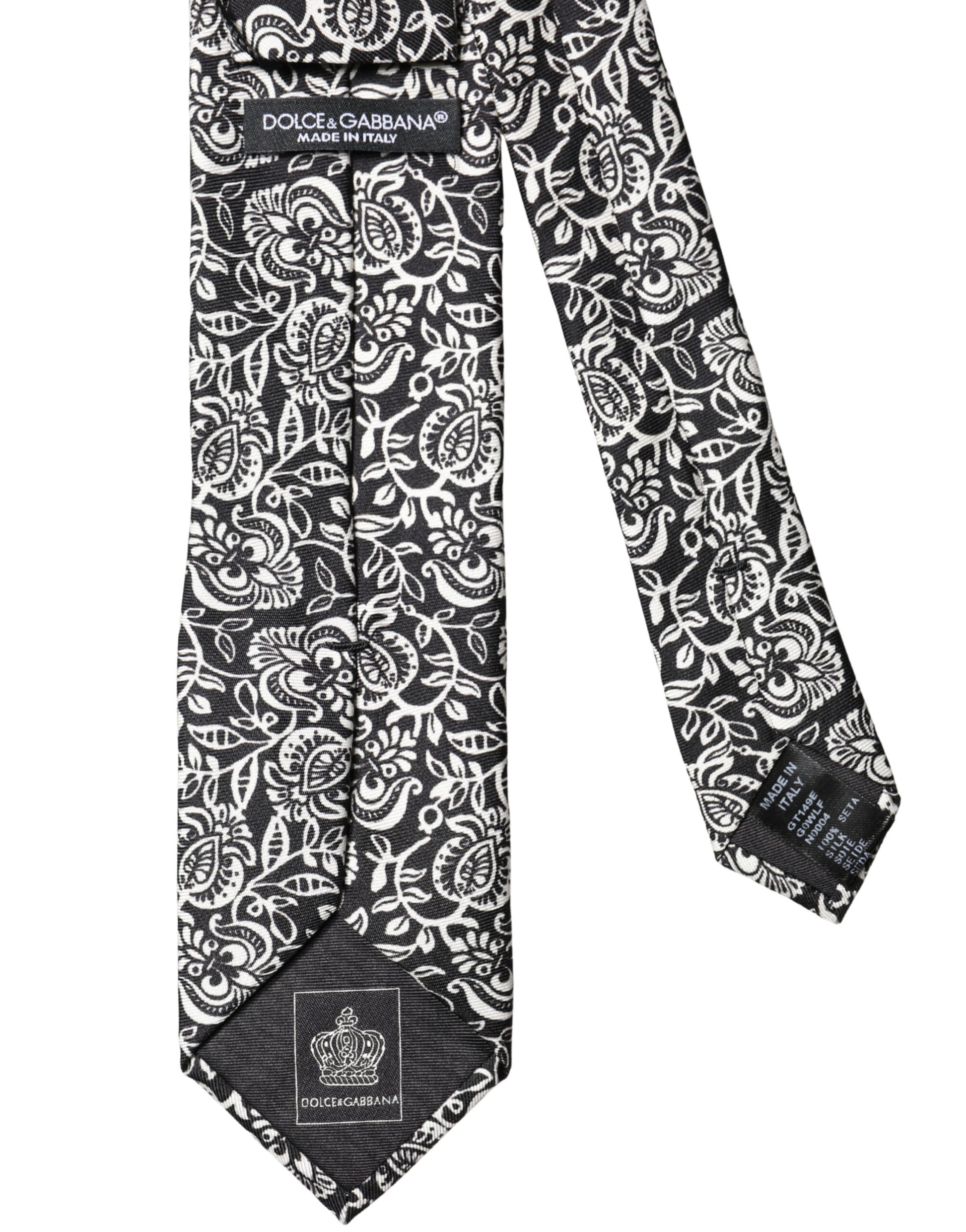 Black White Floral Fantasy Silk Adjustable Necktie Tie