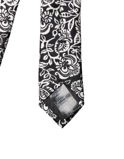 Black White Floral Fantasy Silk Adjustable Necktie Tie