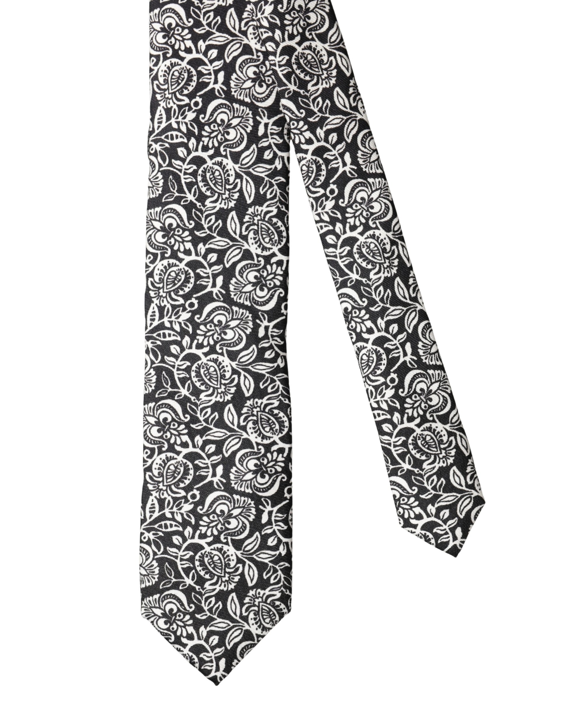 Black White Floral Fantasy Silk Adjustable Necktie Tie