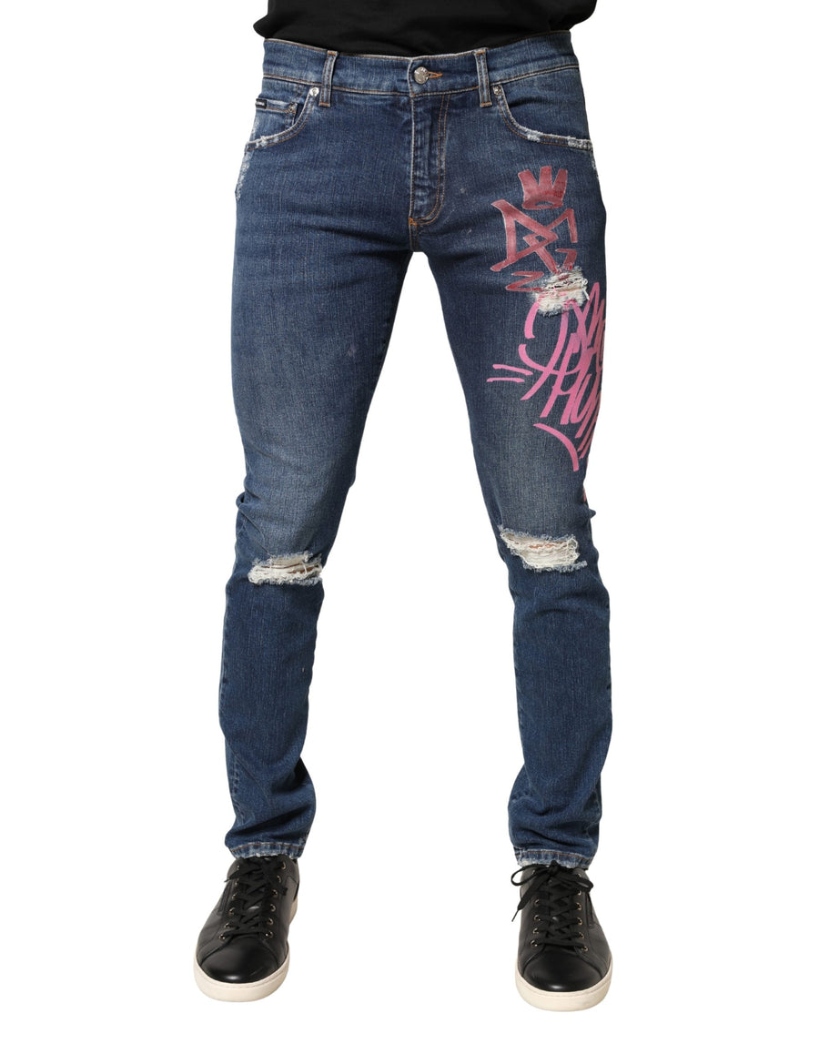 Blue Distressed Graffiti Print Skinny Jeans