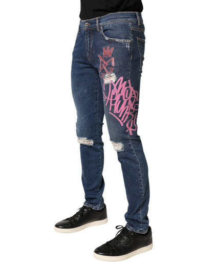 Blue Distressed Graffiti Print Skinny Jeans