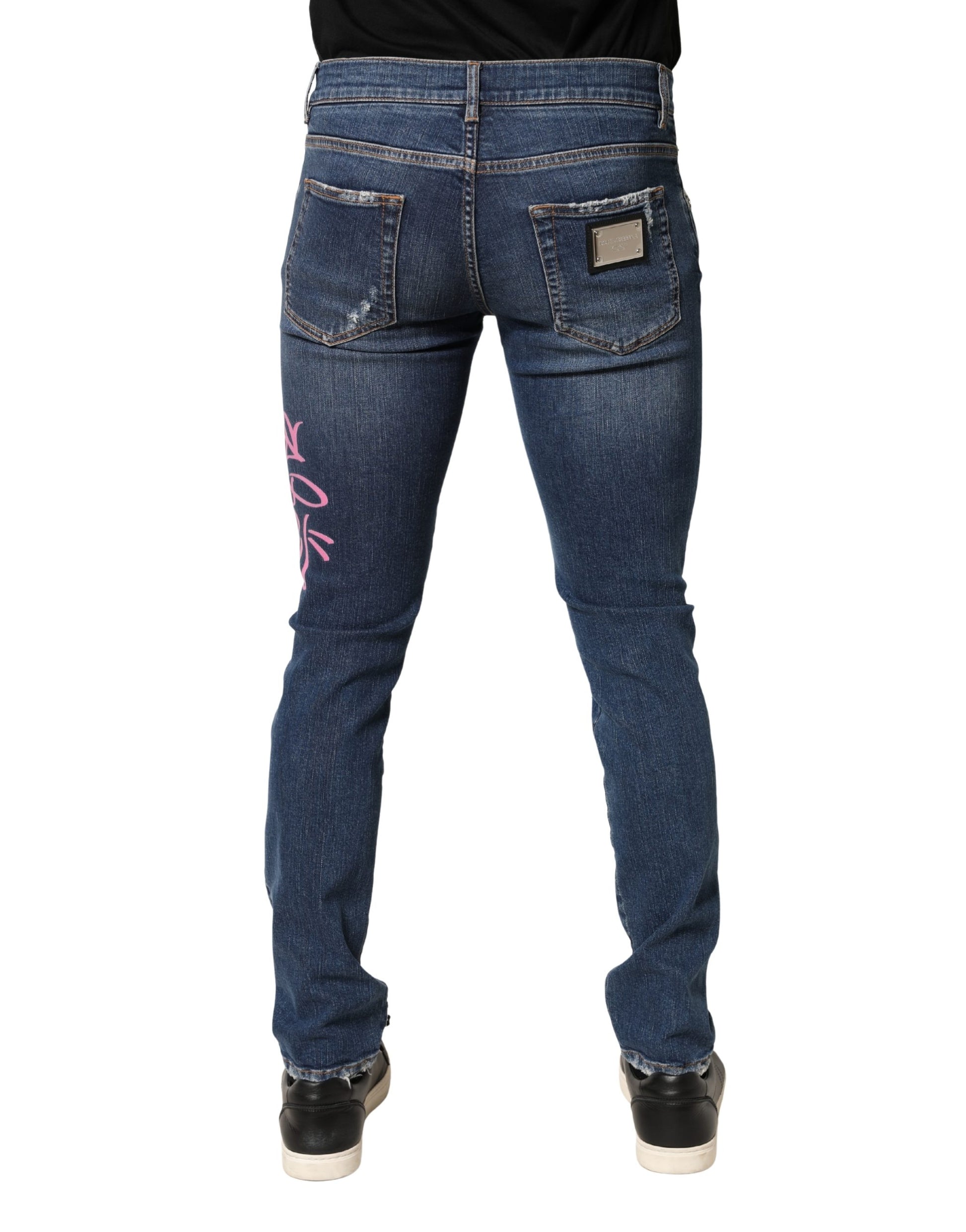 Blue Distressed Graffiti Print Skinny Jeans
