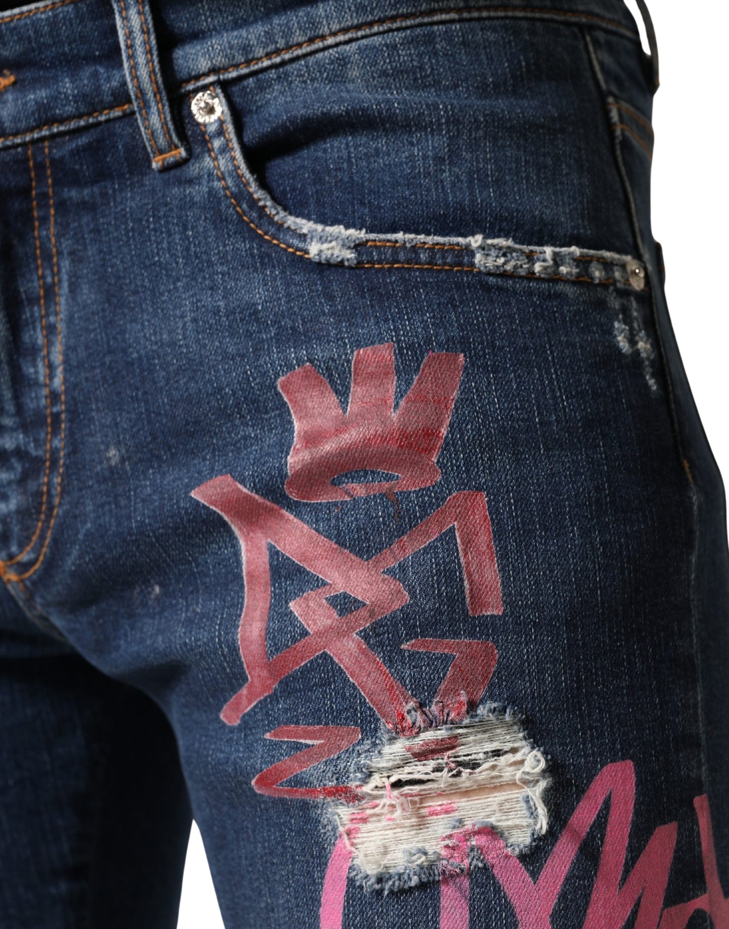 Blue Distressed Graffiti Print Skinny Jeans