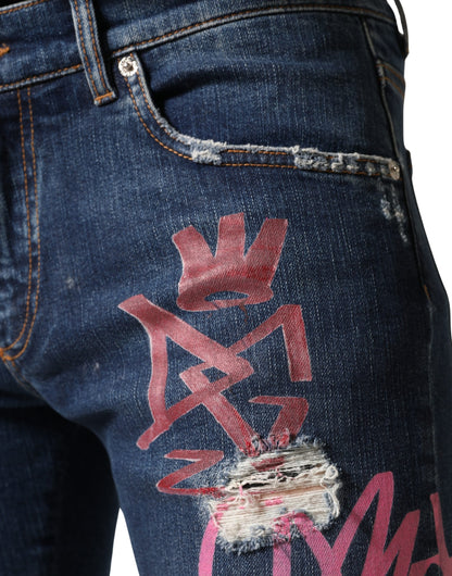Blue Distressed Graffiti Print Skinny Jeans