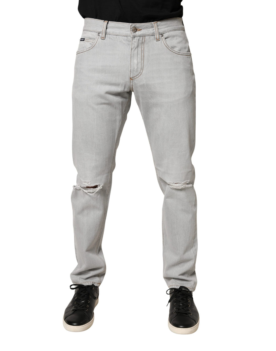 Light Gray Ripped Cotton Regular Denim Jeans