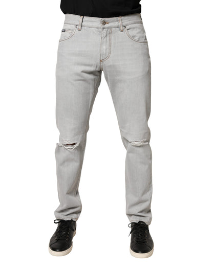 Light Gray Ripped Cotton Regular Denim Jeans
