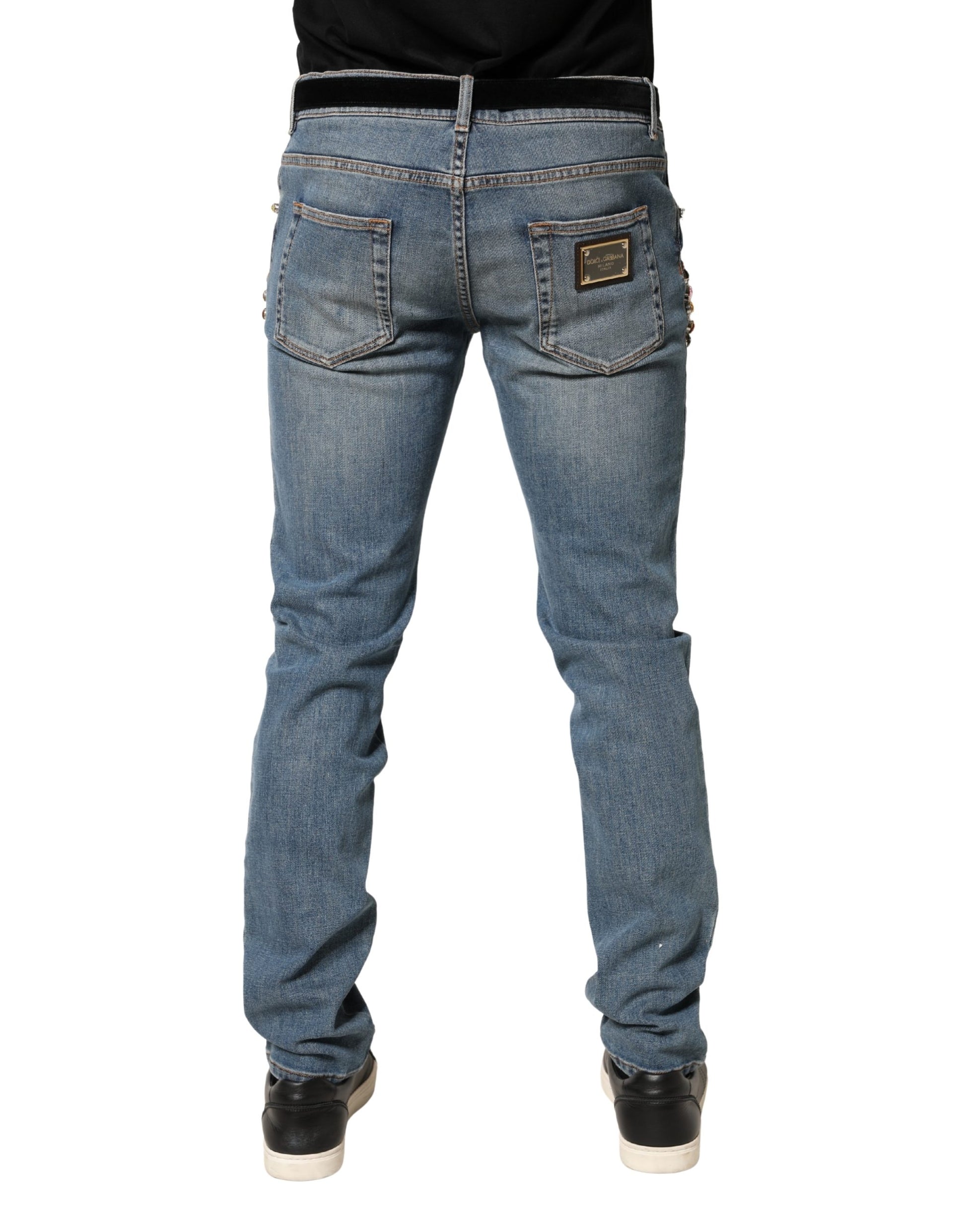 Blue Embellished Loose Cotton Men Denim Jeans