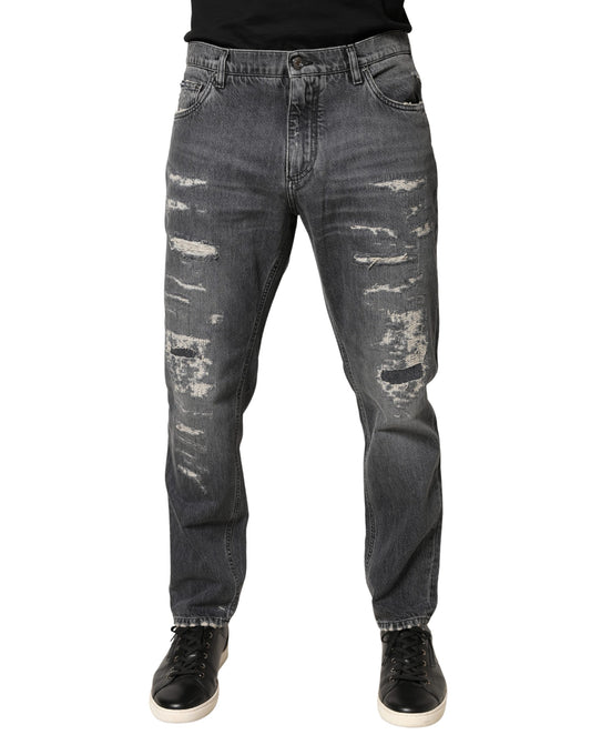 Dark Gray Tattered Cotton Loose Denim Jeans
