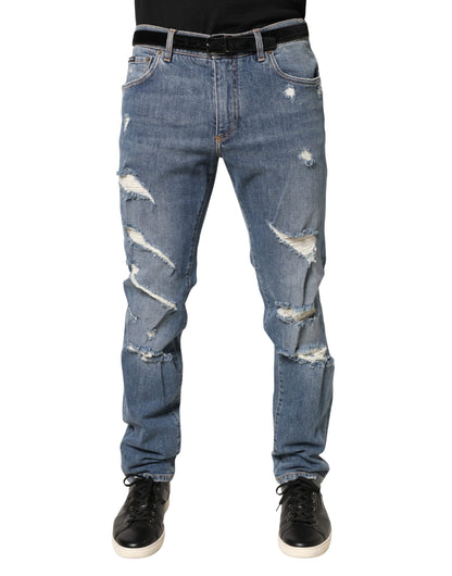 Blue Tattered Slim Fit Cotton Denim Jeans