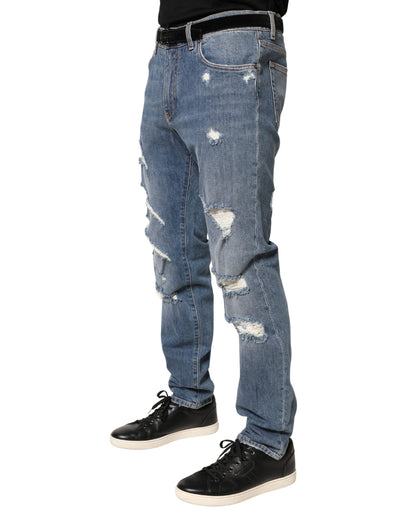 Blue Tattered Slim Fit Cotton Denim Jeans