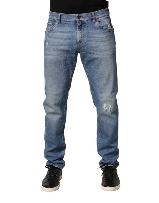 Blue Tattered Slim Fit Men Cotton Denim Jeans