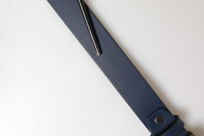 Men Blue Calf Leather Logo Metal Buckle Belt
