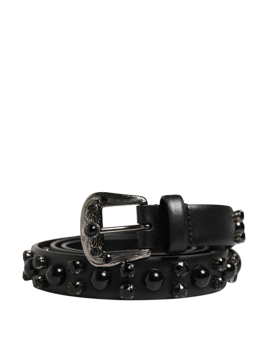 Men Black Calf Embellished Metal Buckle Belt