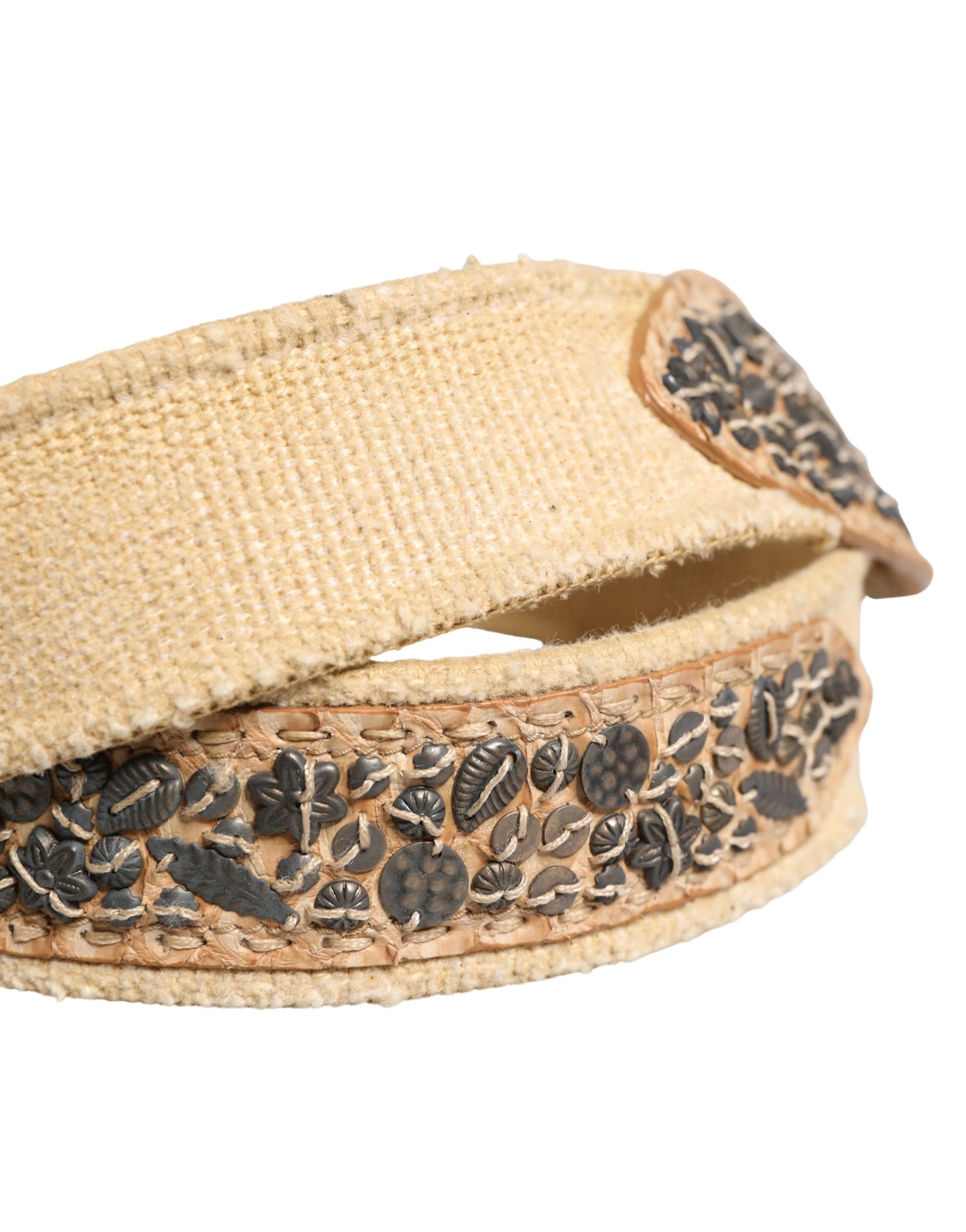 Beige Canvas Embellished Metal Buckle Belt