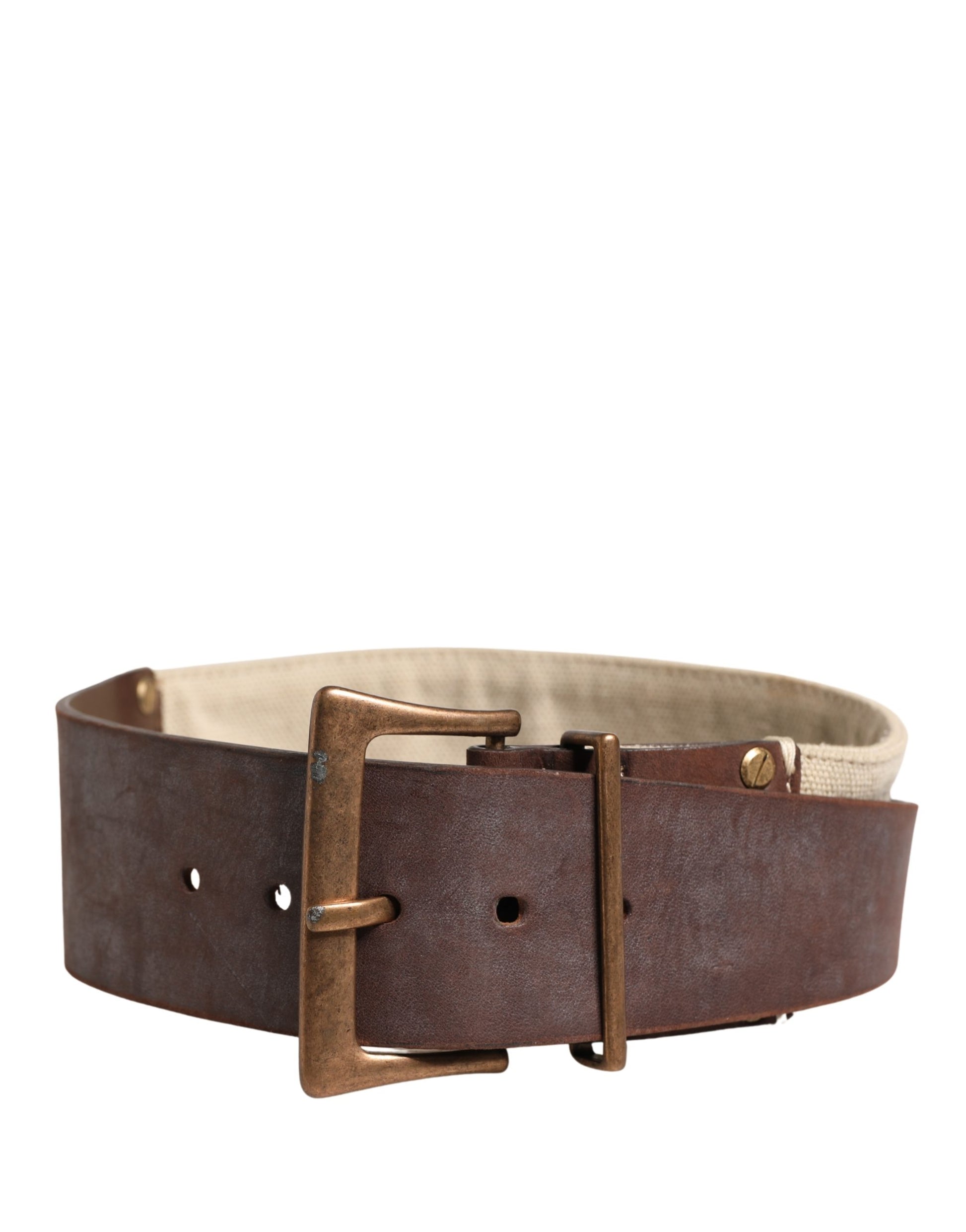 Beige Brown Leather Canvas Metal Buckle Belt