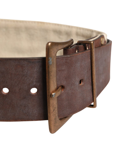 Beige Brown Leather Canvas Metal Buckle Belt