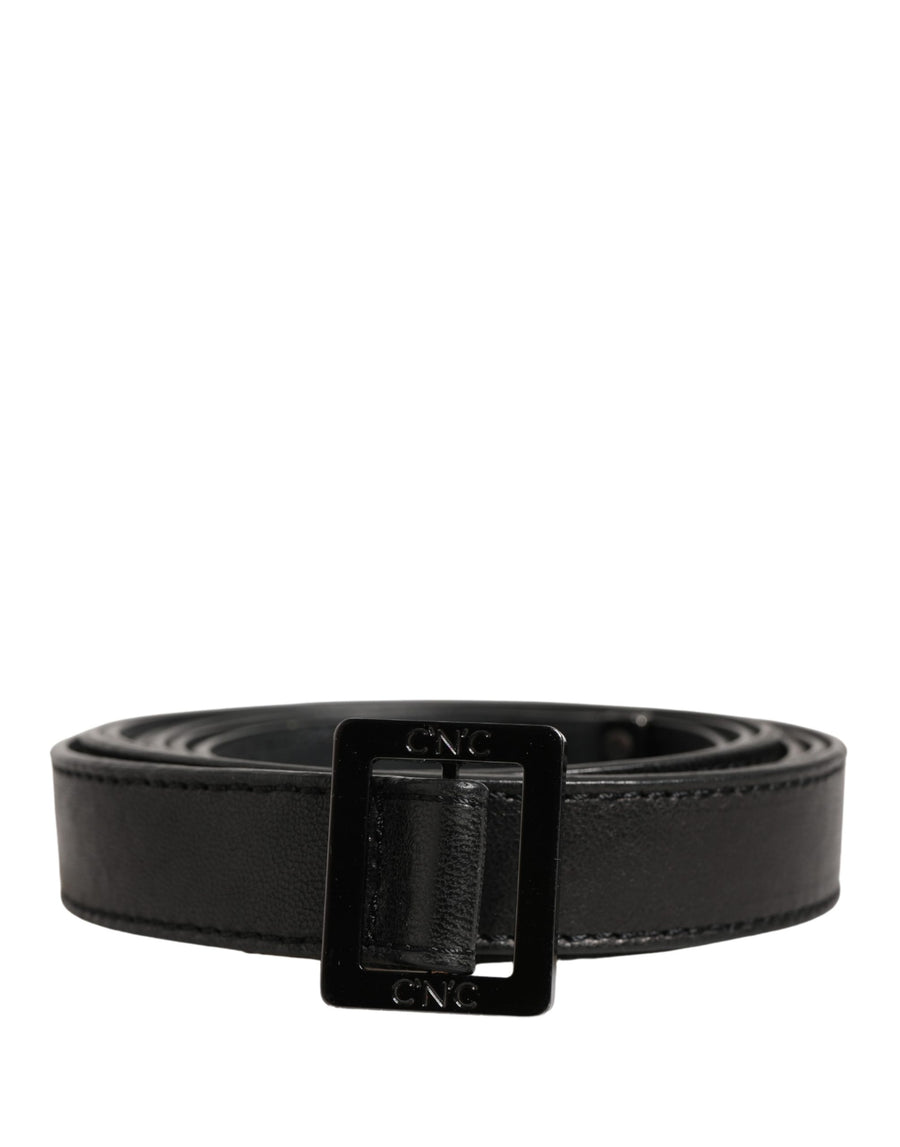 Black Leather Square Metal Buckle Waist Belt