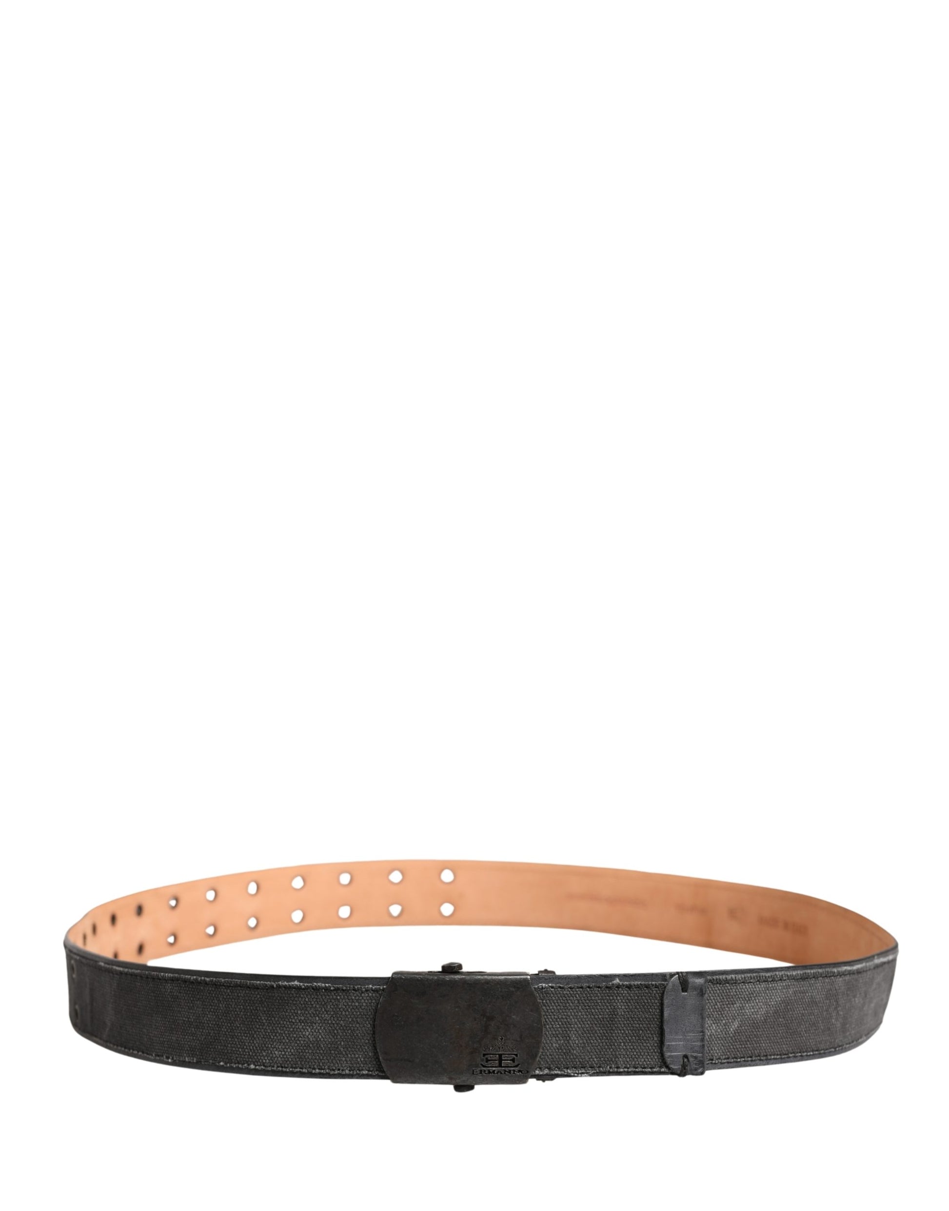 Black Leather Cotton Logo Metal Buckle Belt