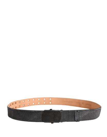 Black Leather Cotton Logo Metal Buckle Belt