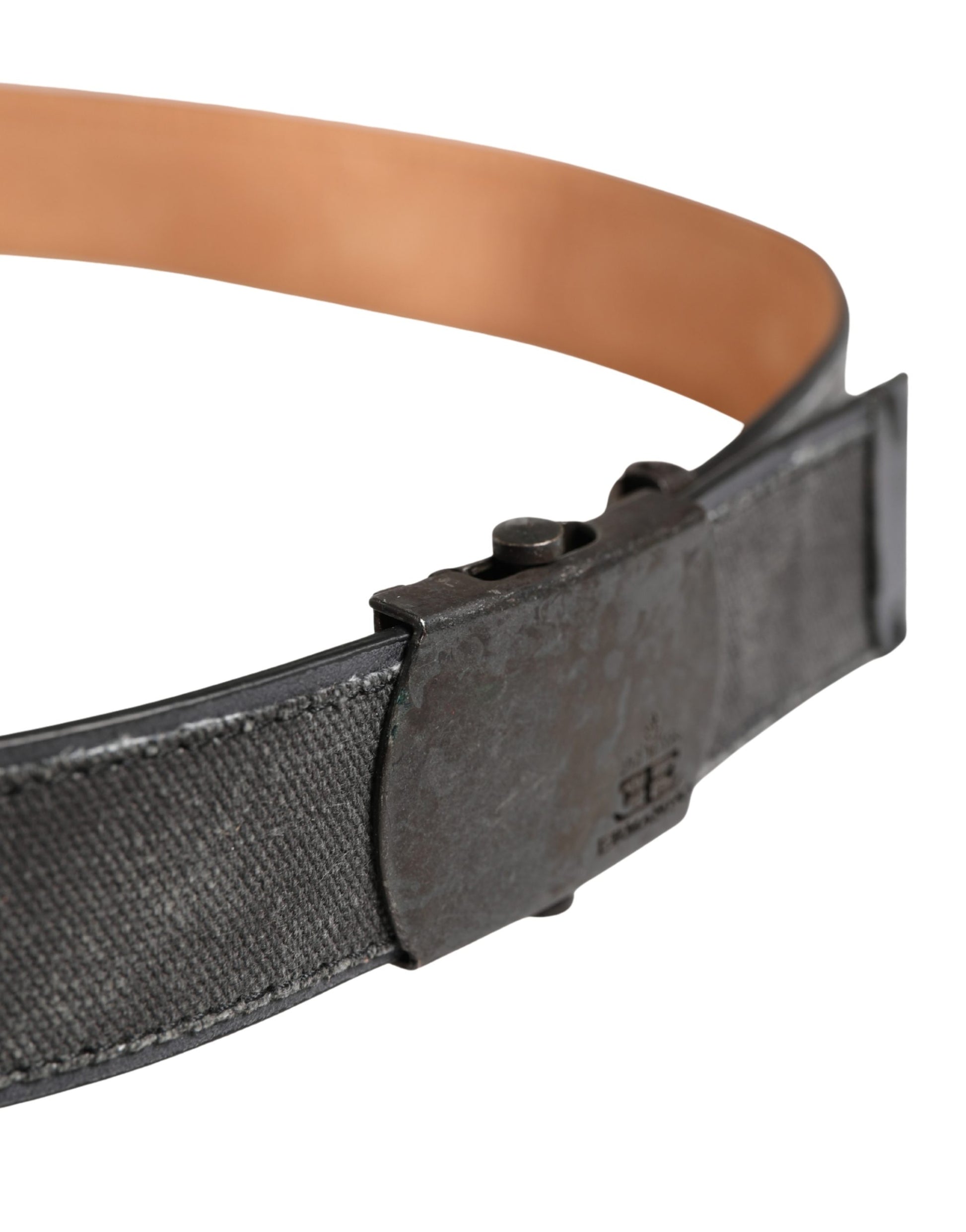 Black Leather Cotton Logo Metal Buckle Belt
