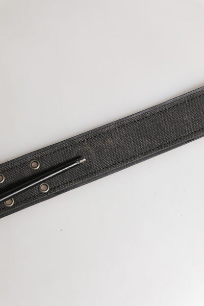 Black Leather Cotton Logo Metal Buckle Belt