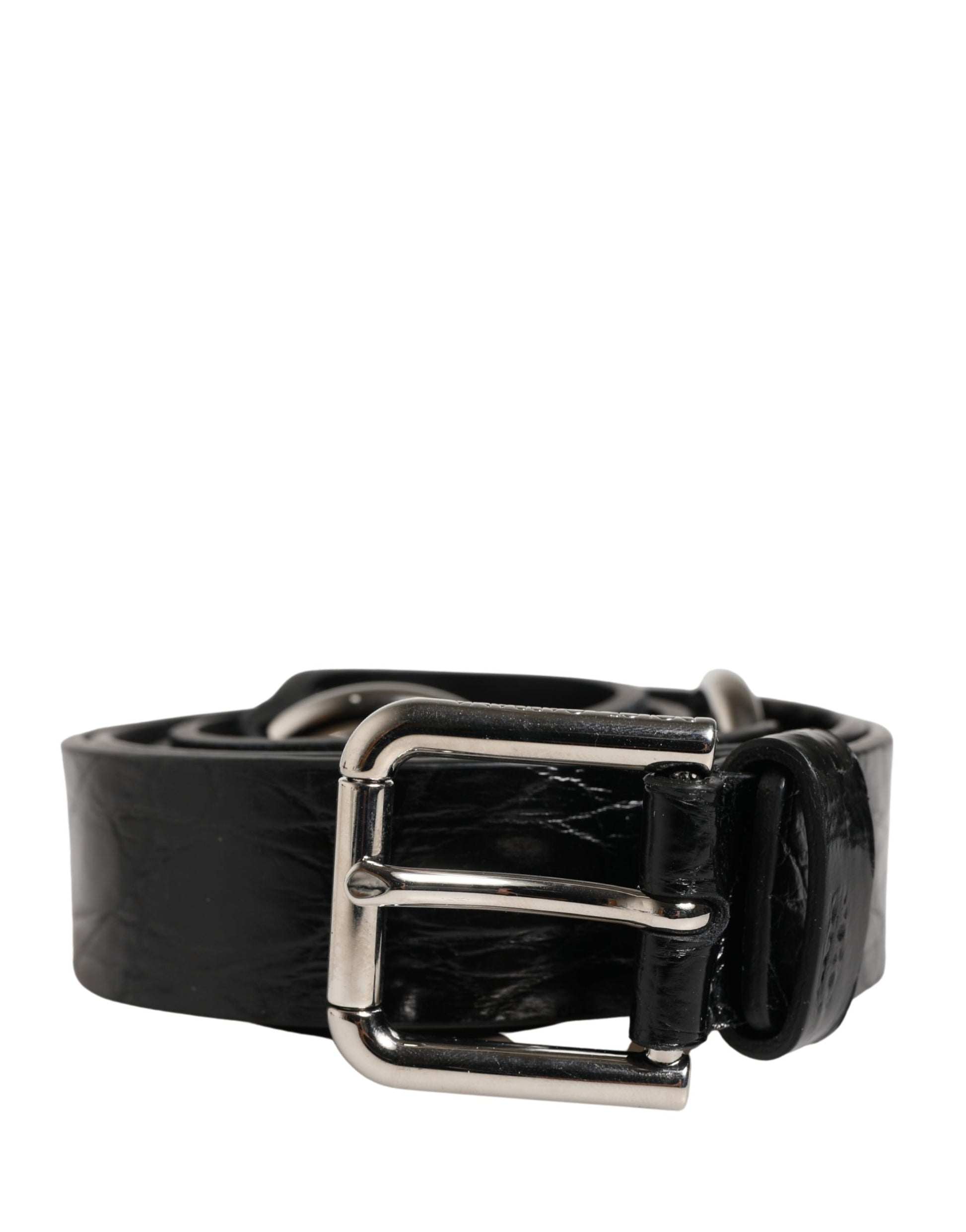 Black Exotic Leather Silver Metal Buckle Belt