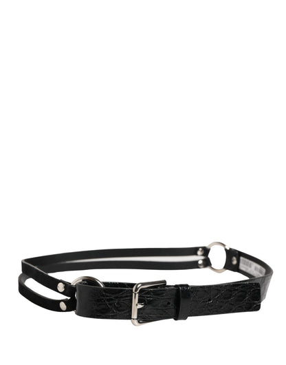 Black Exotic Leather Silver Metal Buckle Belt