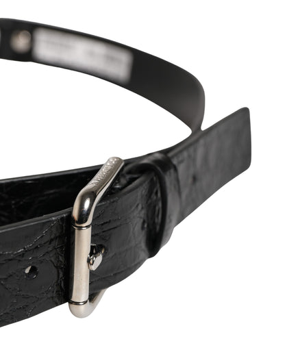 Black Exotic Leather Silver Metal Buckle Belt