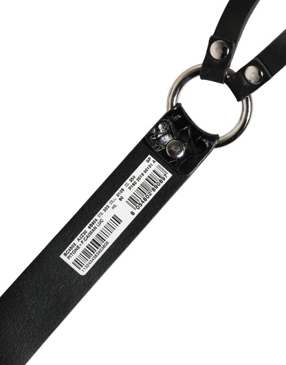 Black Exotic Leather Silver Metal Buckle Belt