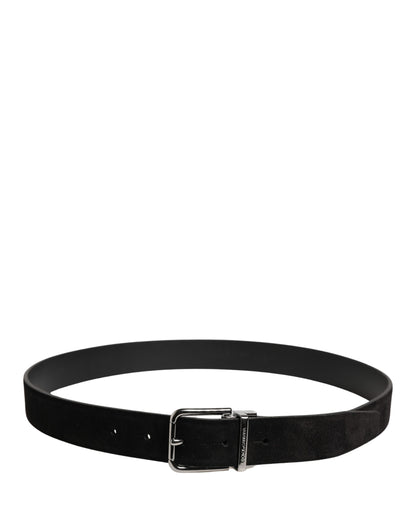 Black Calfskin Leather Silver Metal Buckle Belt