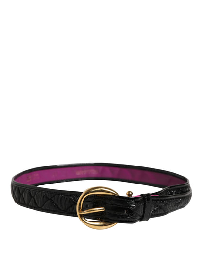 Black Leather Gold Round Buckle Waist Belt